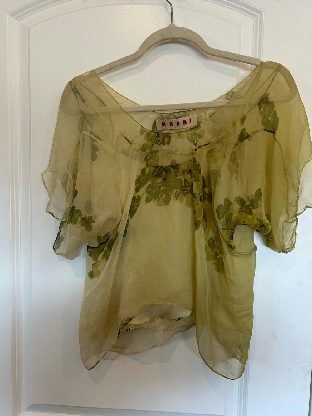 Marni Olive Sheer Floral Silk Blouse